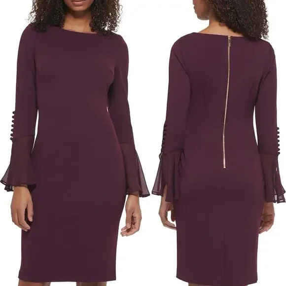Calvin Klein | Dresses | Calvin Klein Womens Size 2 Plum Purple Chiffon  Long Bellsleeve Sheath Dress | Poshmark